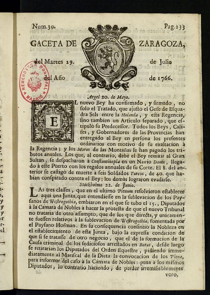 Miniatura de Gazeta de Zaragoza del 29 de julio de 1766
