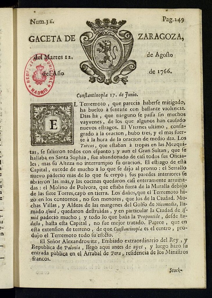 Miniatura de Gazeta de Zaragoza del 12 de agosto de 1766