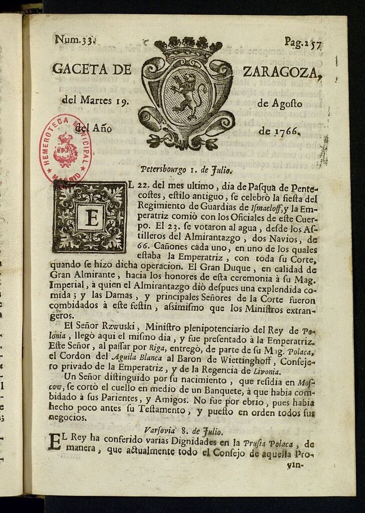 Miniatura de Gazeta de Zaragoza del 19 de agosto de 1766