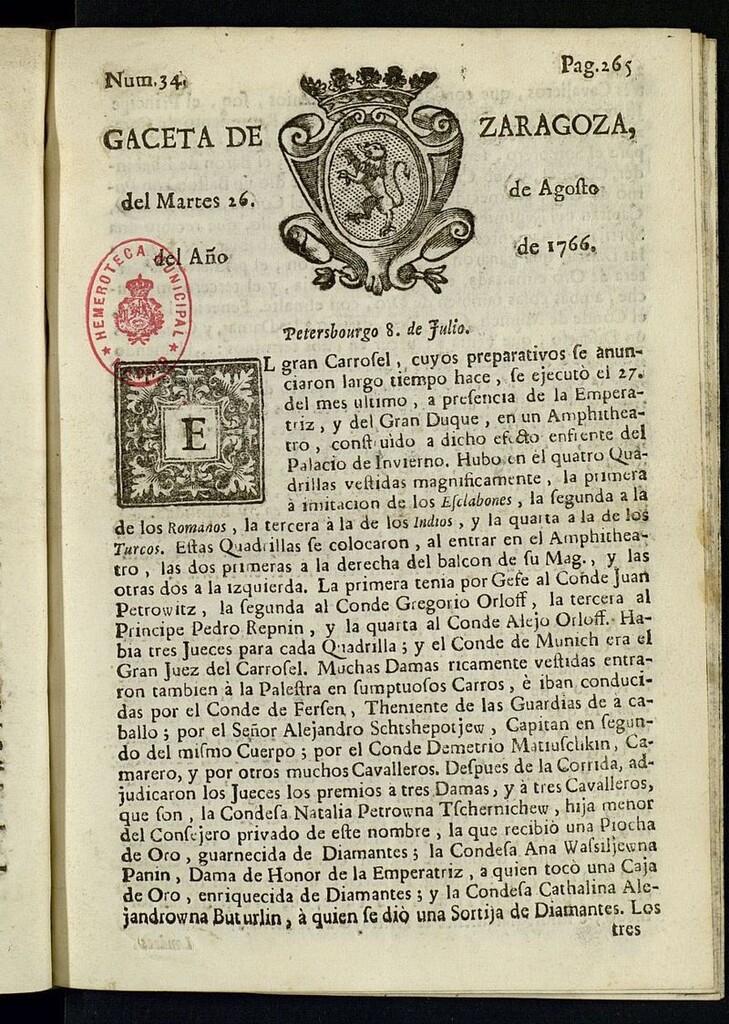 Miniatura de Gazeta de Zaragoza del 26 de agosto de 1766