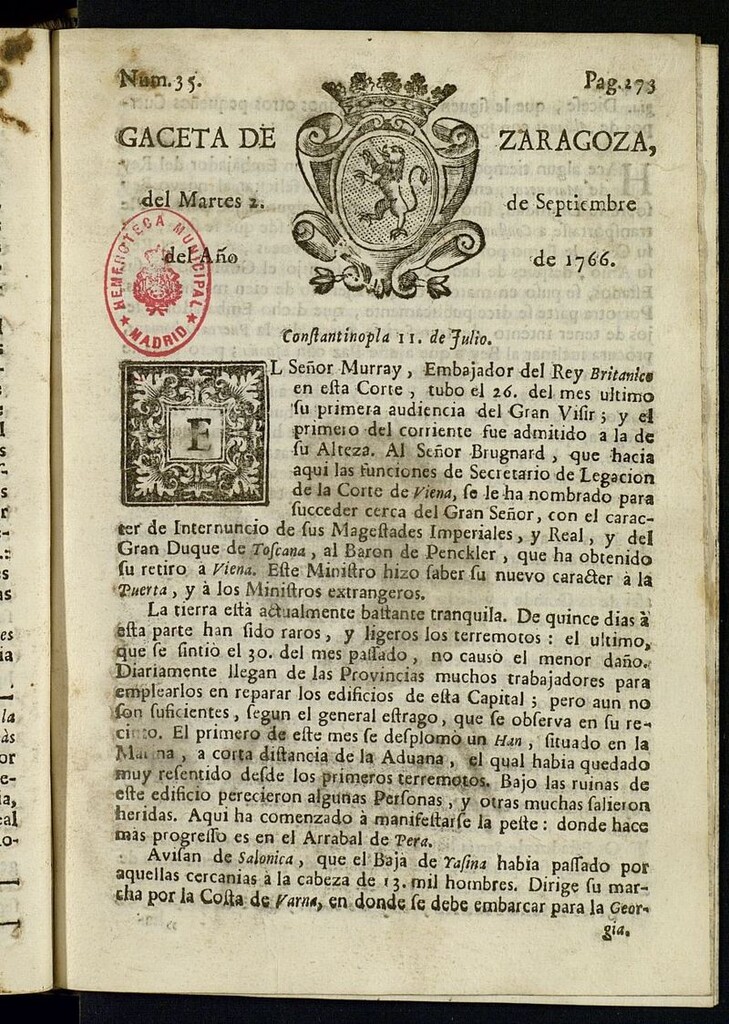 Miniatura de Gazeta de Zaragoza del 2 de septiembre de 1766