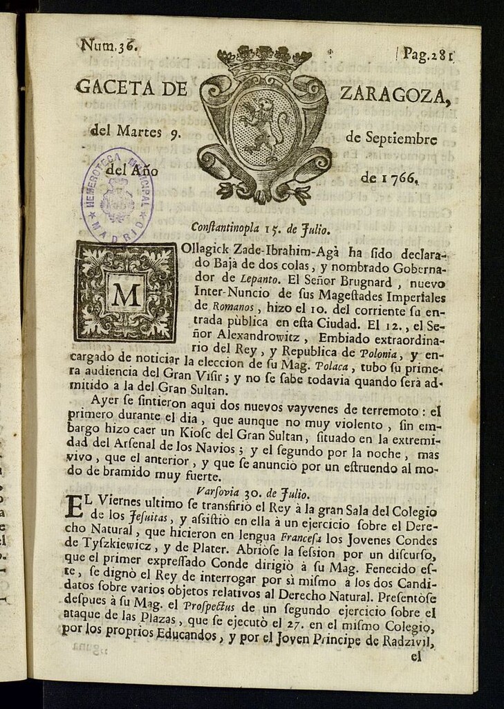 Miniatura de Gazeta de Zaragoza del 9 de septiembre de 1766