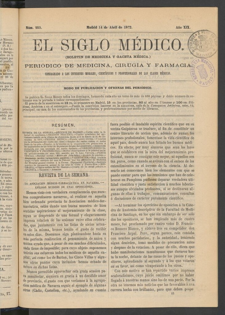 Miniatura de El Siglo Médico: boletín de medicina y gaceta médica del 14 de abril de 1872