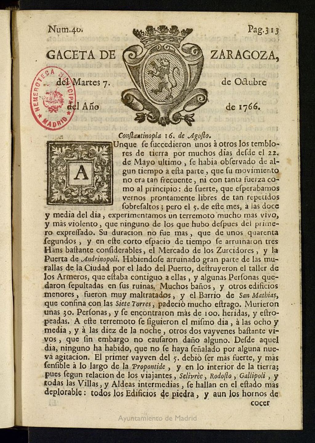 Miniatura de Gazeta de Zaragoza del 7 de octubre de 1766