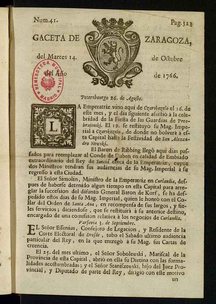 Miniatura de Gazeta de Zaragoza del 14 de octubre de 1766