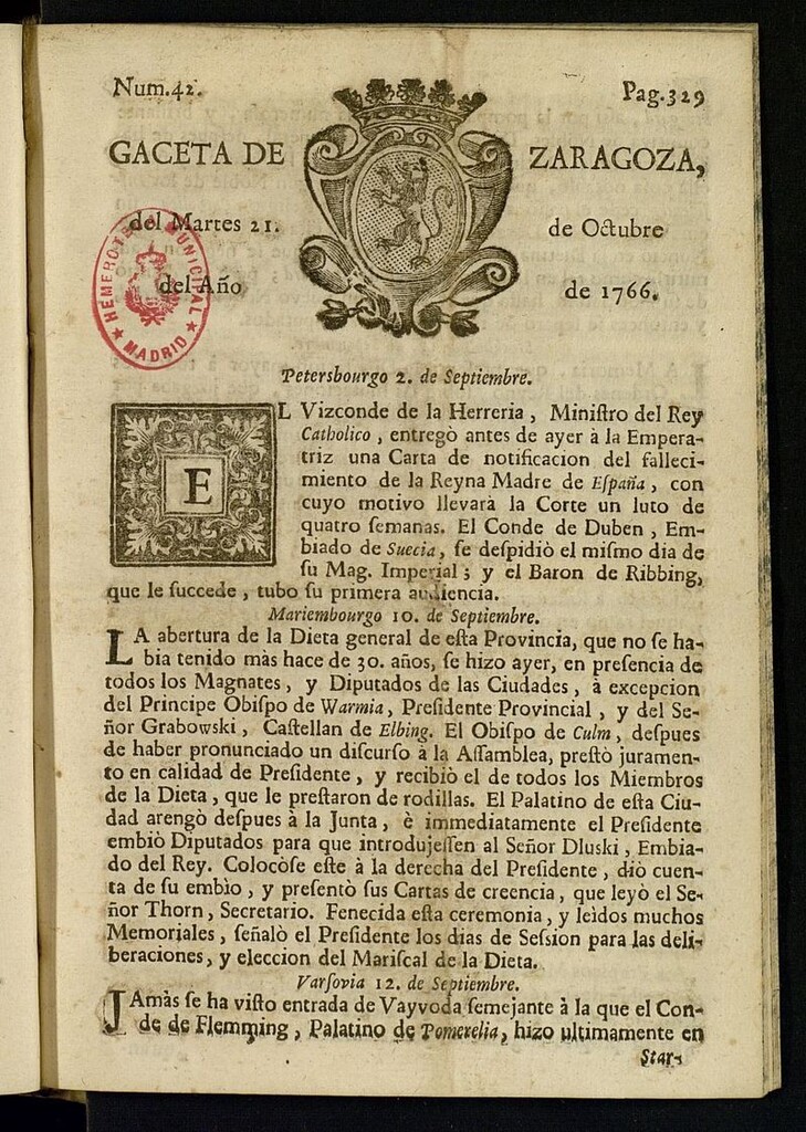 Miniatura de Gazeta de Zaragoza del 21 de octubre de 1766