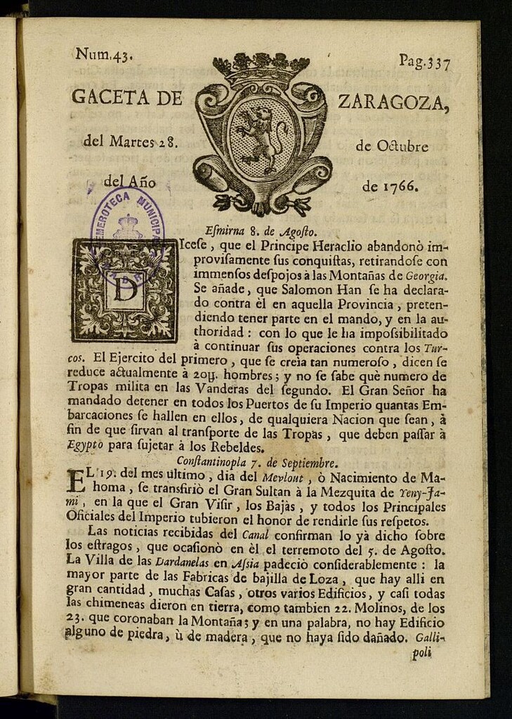 Miniatura de Gazeta de Zaragoza del 28 de octubre de 1766