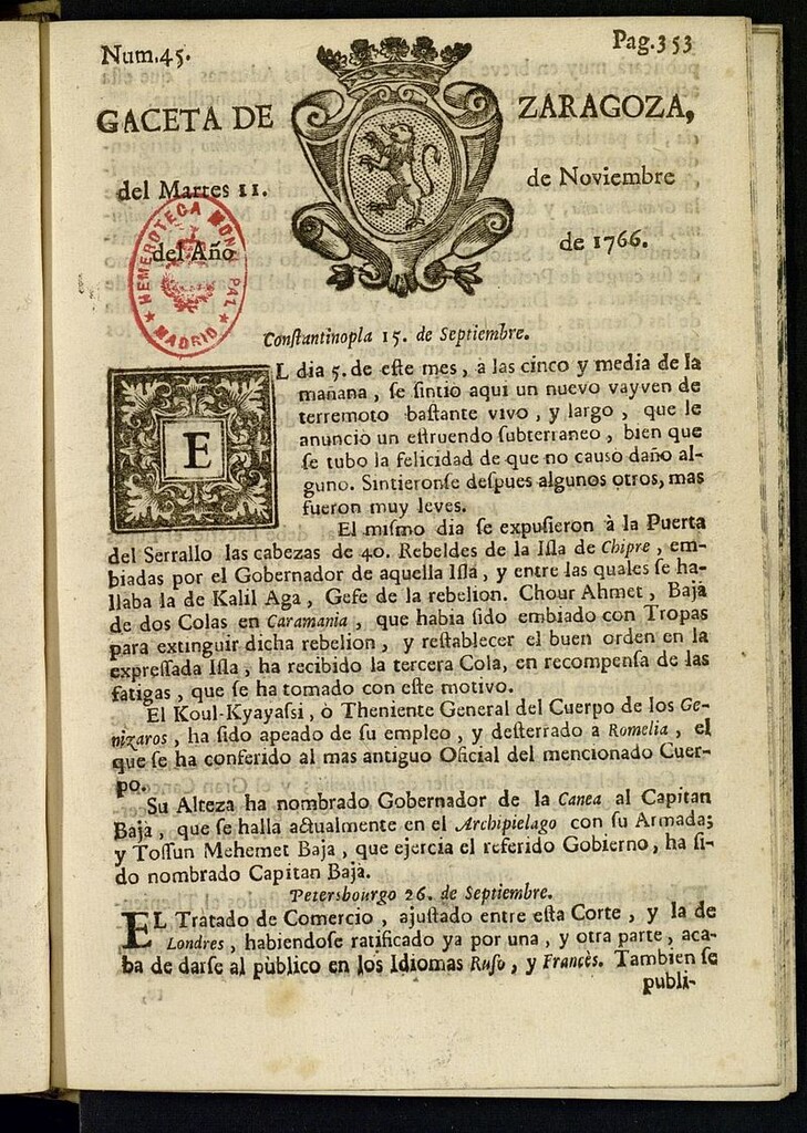 Miniatura de Gazeta de Zaragoza del 11 de noviembre de 1766