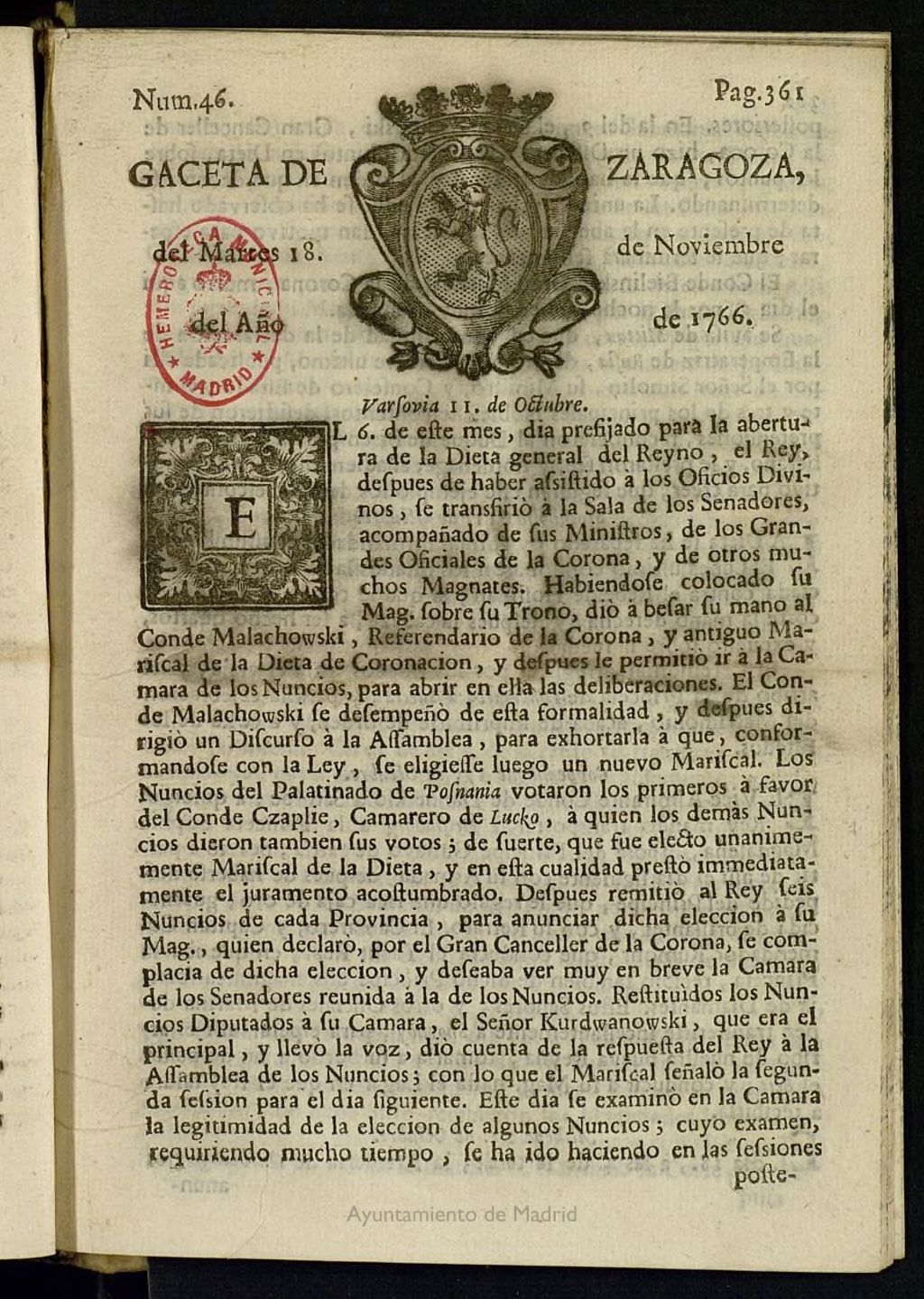 Miniatura de Gazeta de Zaragoza del 18 de noviembre de 1766