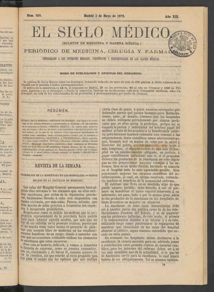 Miniatura de El Siglo Médico: boletín de medicina y gaceta médica del 5 de mayo de 1872