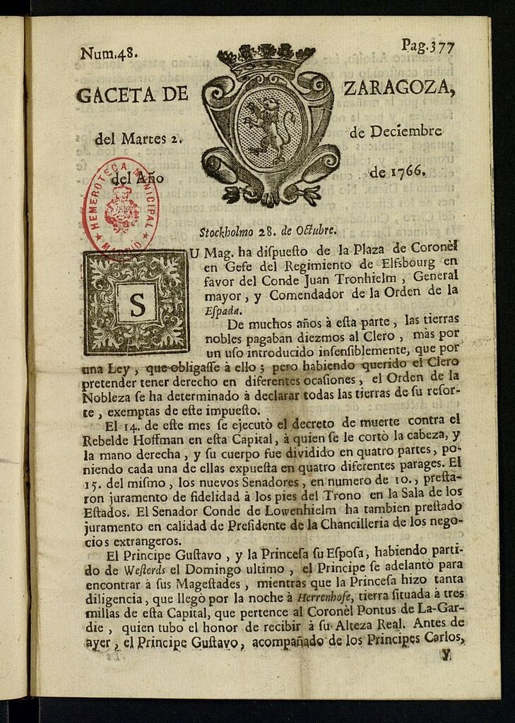 Miniatura de Gazeta de Zaragoza del 2 de diciembre de 1766