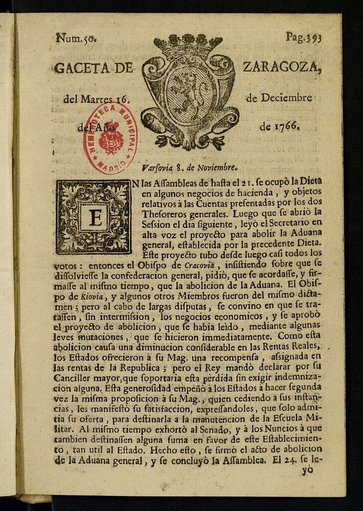 Miniatura de Gazeta de Zaragoza del 16 de diciembre de 1766