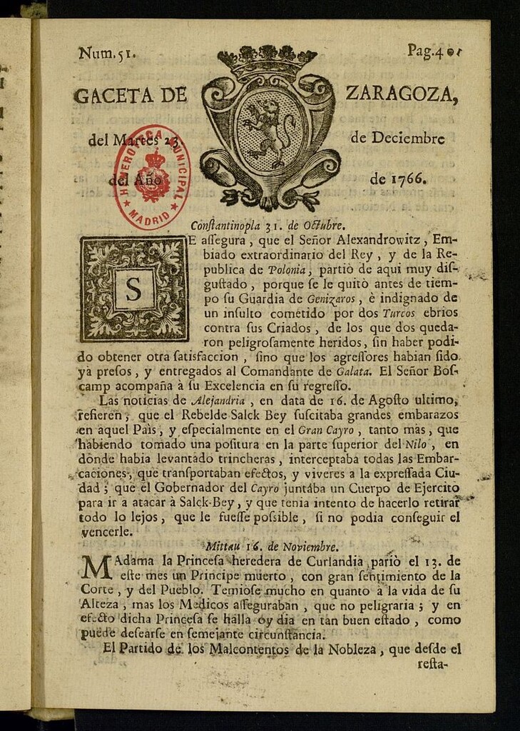 Miniatura de Gazeta de Zaragoza del 23 de diciembre de 1766