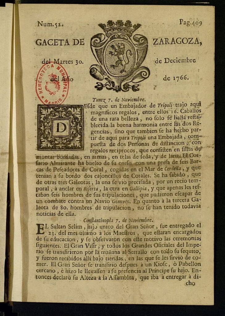 Miniatura de Gazeta de Zaragoza del 30 de diciembre de 1766