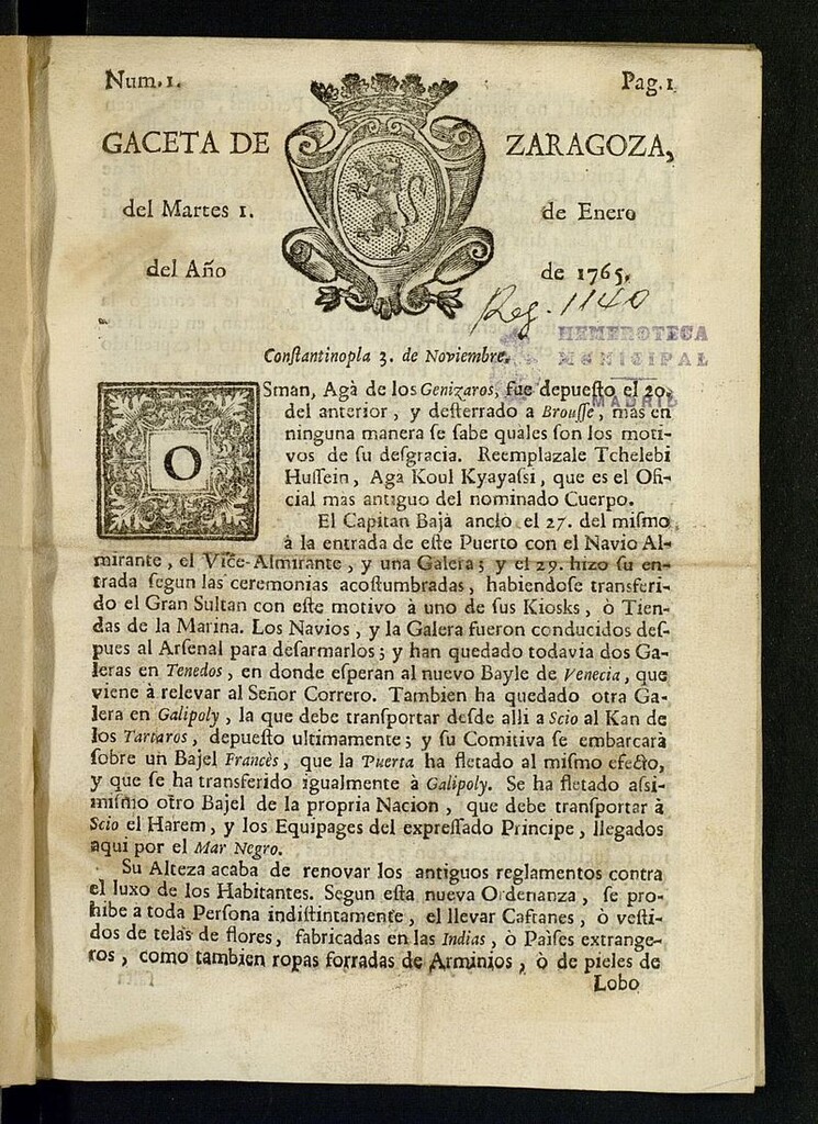 Miniatura de Gazeta de Zaragoza del 1 de enero de 1765