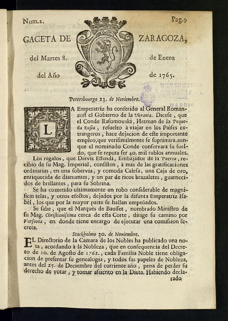 Miniatura de Gazeta de Zaragoza del 8 de enero de 1765