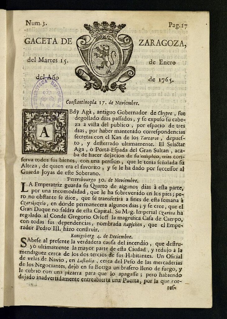 Miniatura de Gazeta de Zaragoza del 15 de enero de 1765