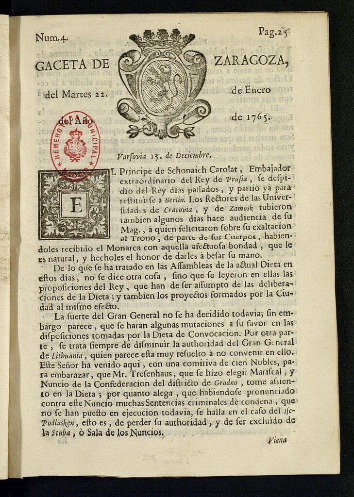 Miniatura de Gazeta de Zaragoza del 22 de enero de 1765