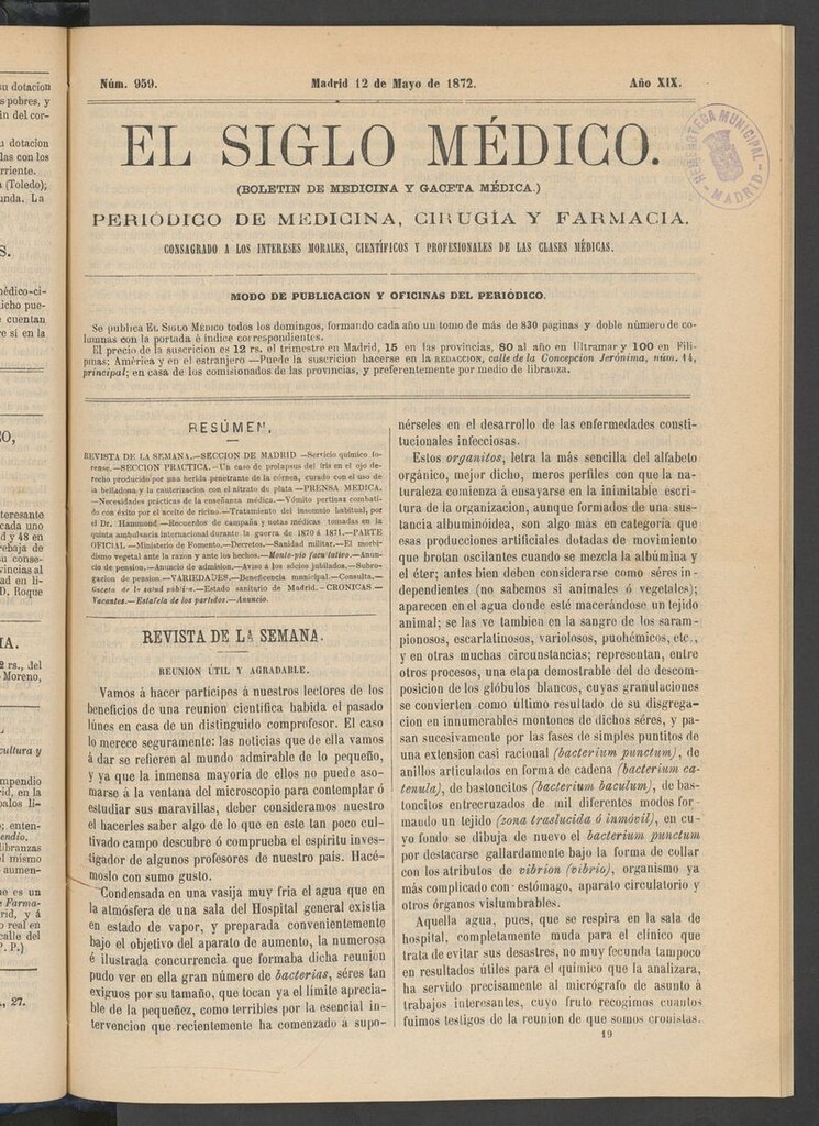 Miniatura de El Siglo Médico: boletín de medicina y gaceta médica del 12 de mayo de 1872