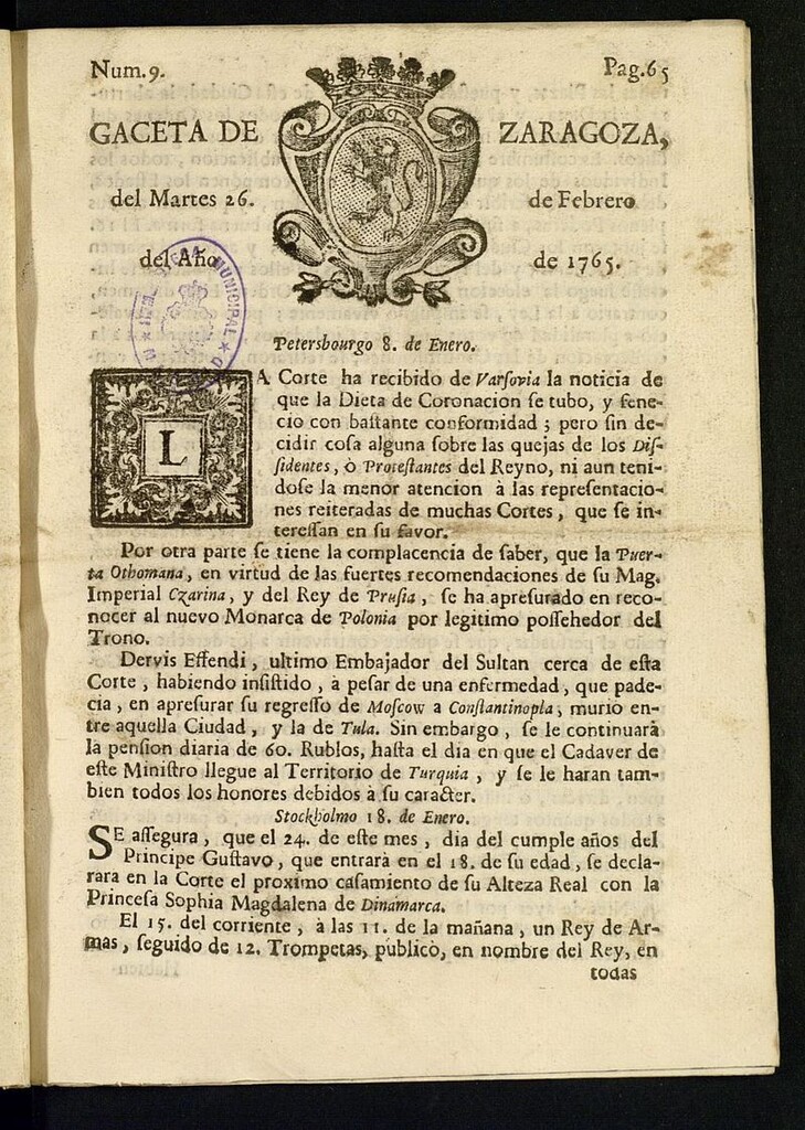 Miniatura de Gazeta de Zaragoza del 26 de febrero de 1765