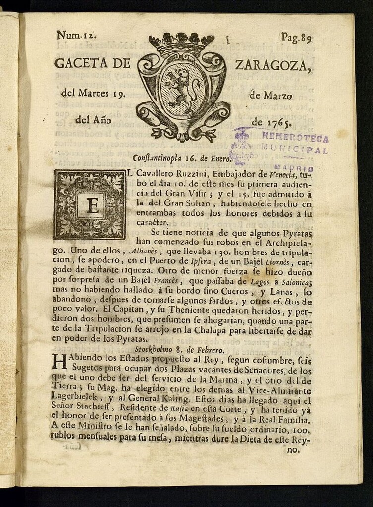 Miniatura de Gazeta de Zaragoza del 19 de marzo de 1765