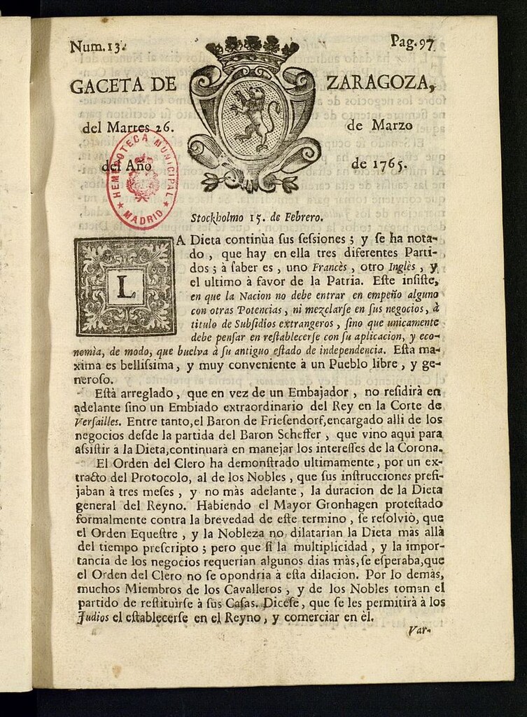 Miniatura de Gazeta de Zaragoza del 26 de marzo de 1765