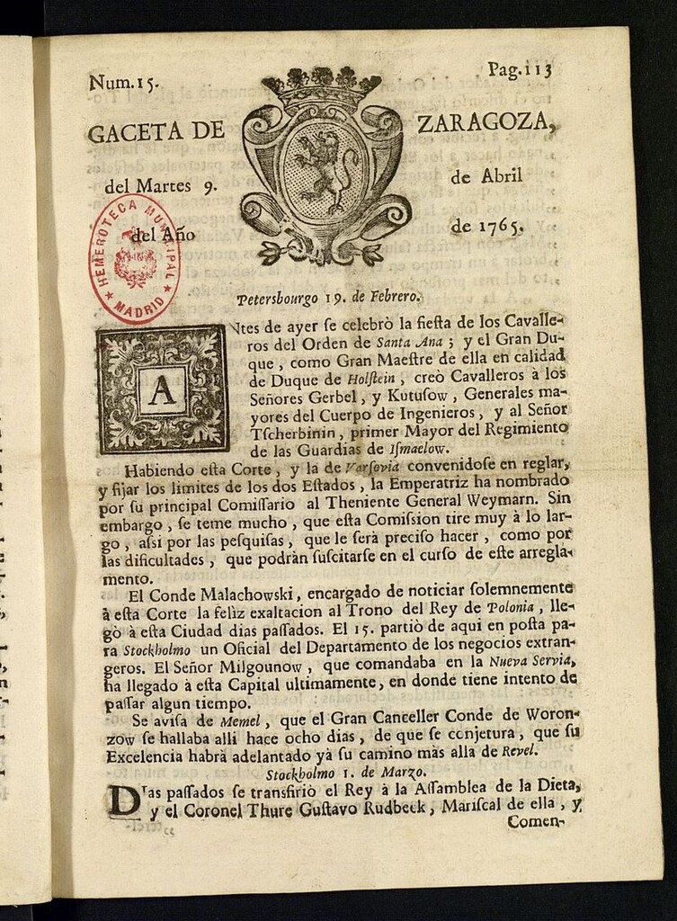 Miniatura de Gazeta de Zaragoza del 9 de abril de 1765