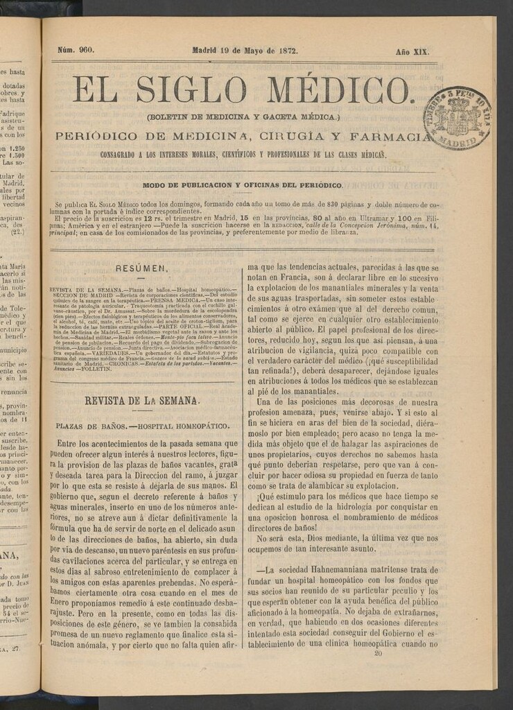 Miniatura de El Siglo Médico: boletín de medicina y gaceta médica del 19 de mayo de 1872