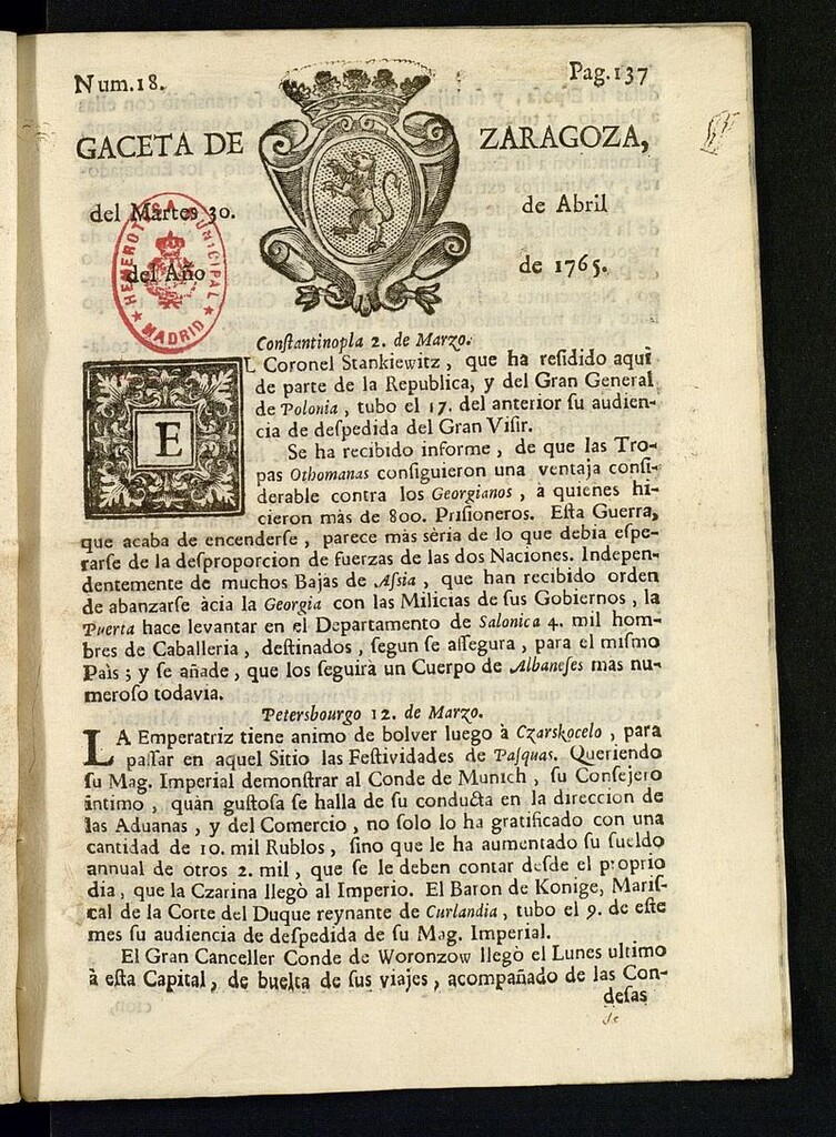 Miniatura de Gazeta de Zaragoza del 30 de abril de 1765