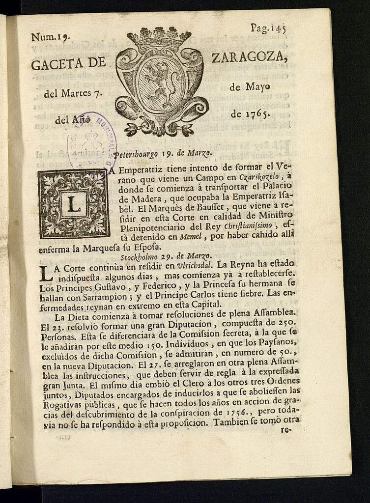 Miniatura de Gazeta de Zaragoza del 7 de mayo de 1765