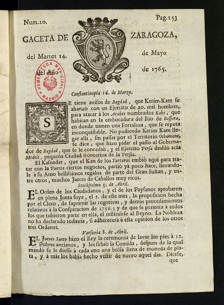 Miniatura de Gazeta de Zaragoza del 14 de mayo de 1765