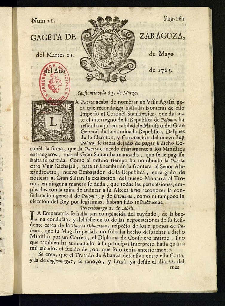 Miniatura de Gazeta de Zaragoza del 21 de mayo de 1765