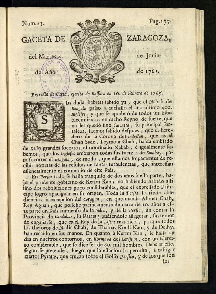 Miniatura de Gazeta de Zaragoza del 4 de junio de 1765