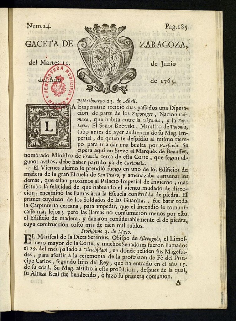 Miniatura de Gazeta de Zaragoza del 11 de junio de 1765