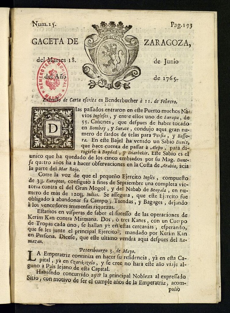 Miniatura de Gazeta de Zaragoza del 18 de junio de 1765