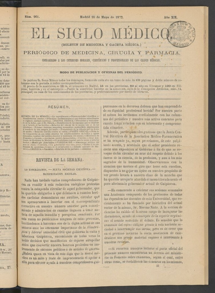 Miniatura de El Siglo Médico: boletín de medicina y gaceta médica del 26 de mayo de 1872