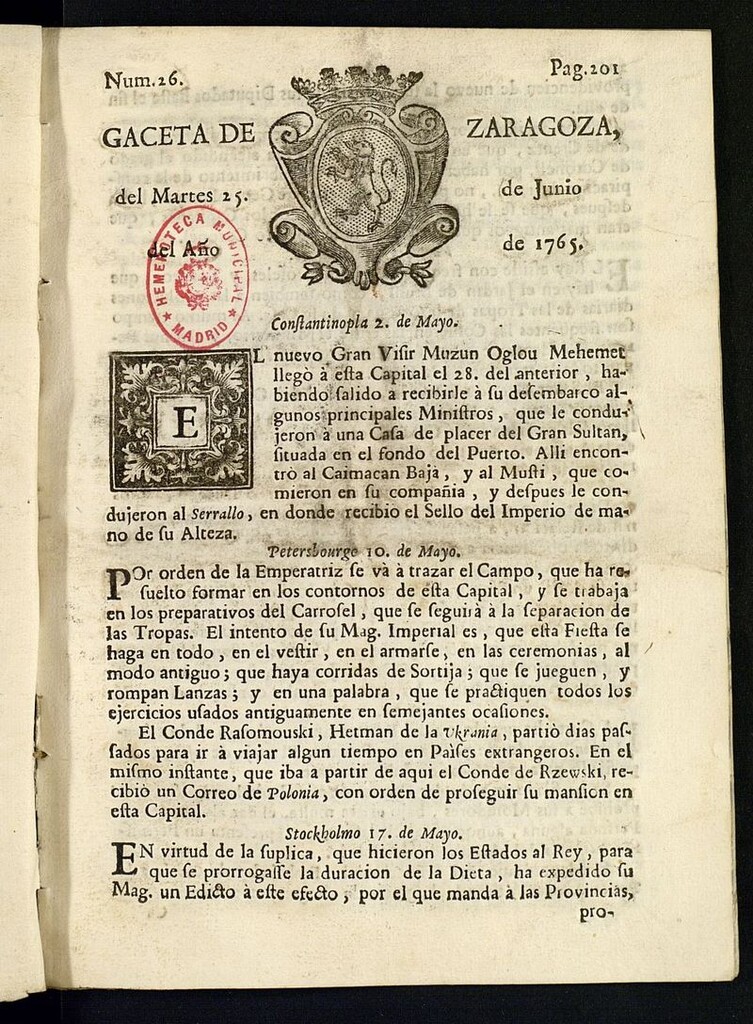 Miniatura de Gazeta de Zaragoza del 25 de junio de 1765