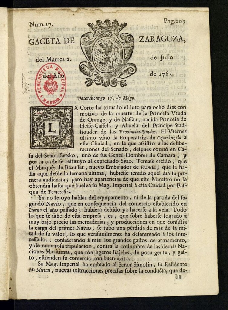 Miniatura de Gazeta de Zaragoza del 2 de julio de 1765