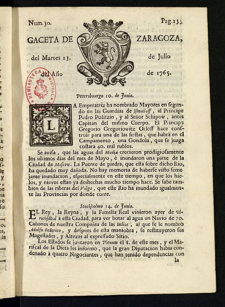 Miniatura de Gazeta de Zaragoza del 23 de julio de 1765