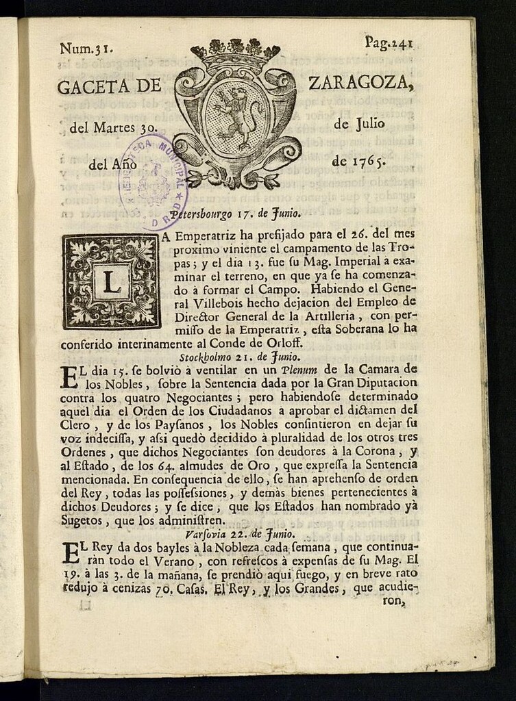 Miniatura de Gazeta de Zaragoza del 30 de julio de 1765