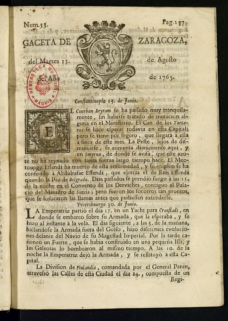 Miniatura de Gazeta de Zaragoza del 13 de agosto de 1765