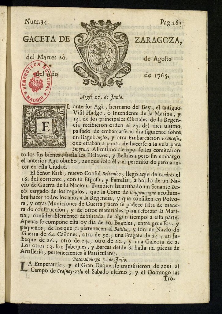 Miniatura de Gazeta de Zaragoza del 20 de agosto de 1765