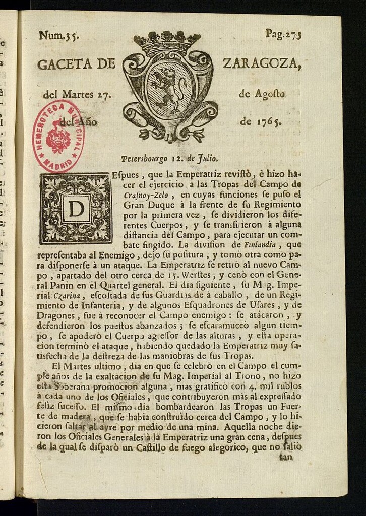 Miniatura de Gazeta de Zaragoza del 27 de agosto de 1765