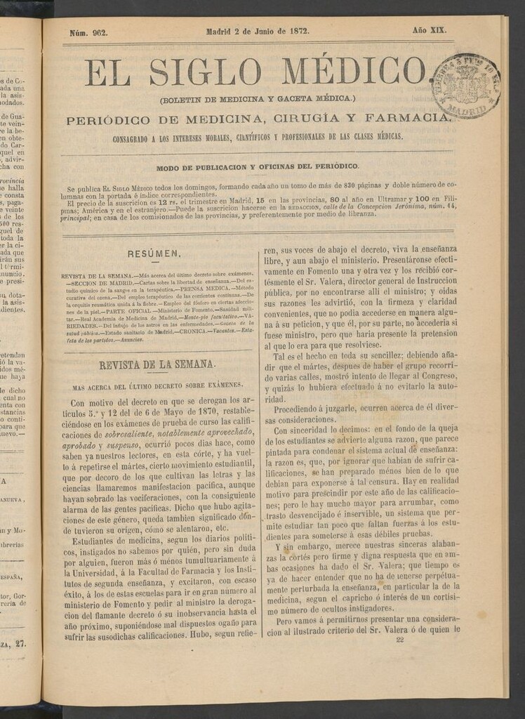 Miniatura de El Siglo Médico: boletín de medicina y gaceta médica del 2 de junio de 1872