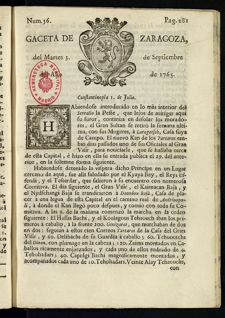 Miniatura de Gazeta de Zaragoza del 3 de septiembre de 1765