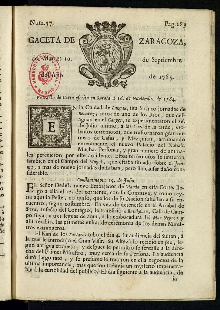 Miniatura de Gazeta de Zaragoza del 10 de septiembre de 1765