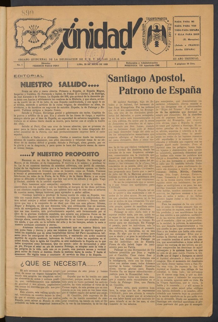 Miniatura de ¡Unidad! : órgano quincenal de la delegación de F.E.T. de las J.O.N.S.