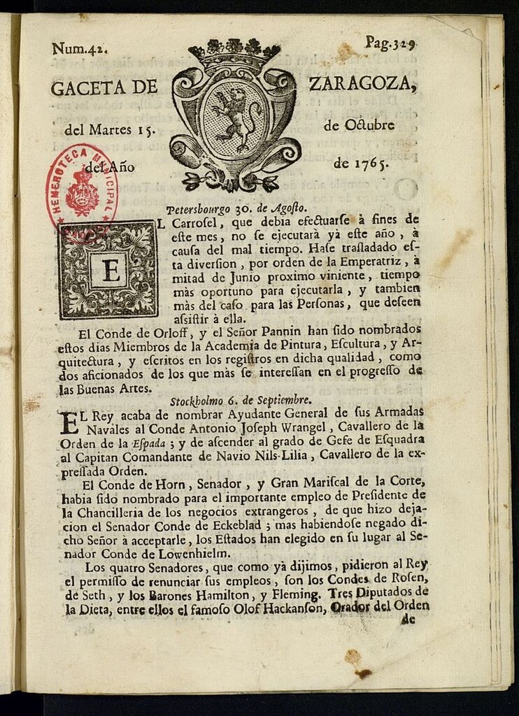 Miniatura de Gazeta de Zaragoza del 15 de octubre de 1765