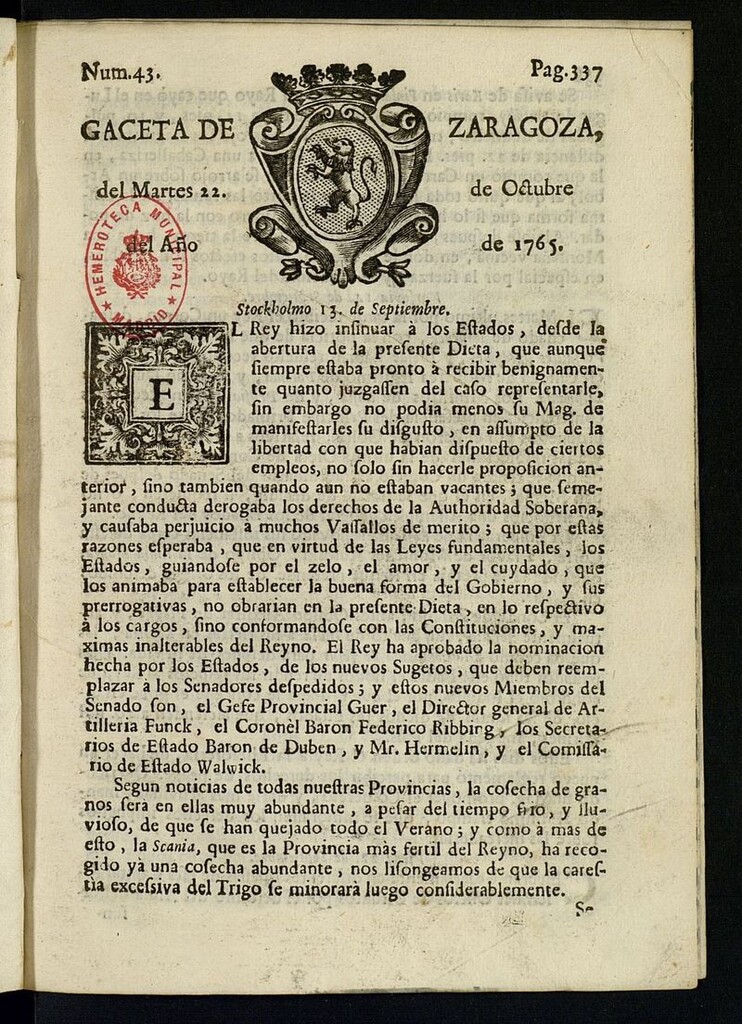 Miniatura de Gazeta de Zaragoza del 22 de octubre de 1765