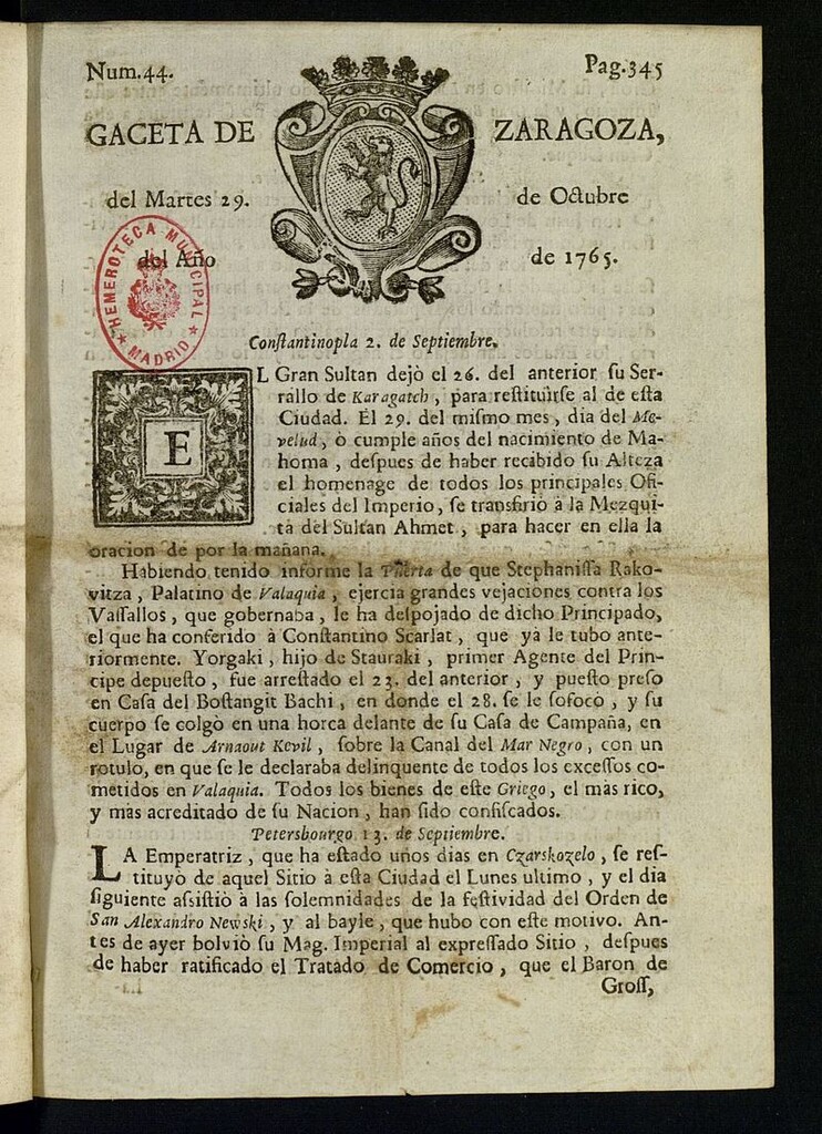Miniatura de Gazeta de Zaragoza del 29 de octubre de 1765